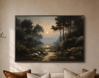 Moonlit Woodland Path Wall Art Print, Misty Pine Tree Landscape Poster, Glowing Water View, Dark Nature Decor, Living Room Decor Gift