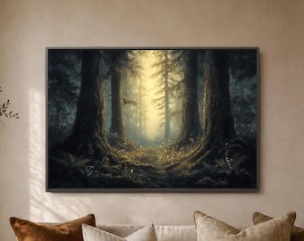 Nature Wall Art Dark Forest Golden Dawn Charcoal Green Landscape Print Atmospheric Rustic Study Decor