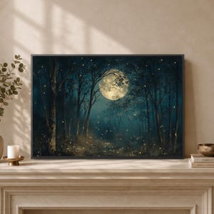 Art mural forêt au clair de lune, toile forêt luciole, impression nuit lunaire, affiche arbre sarcelle foncé, déco cabane enchantée, lueur mystique image 11