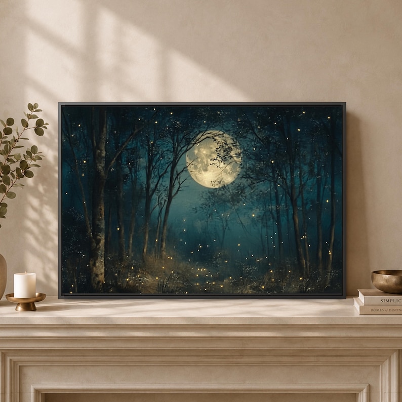 Art mural forêt au clair de lune, toile forêt luciole, impression nuit lunaire, affiche arbre sarcelle foncé, déco cabane enchantée, lueur mystique image 11