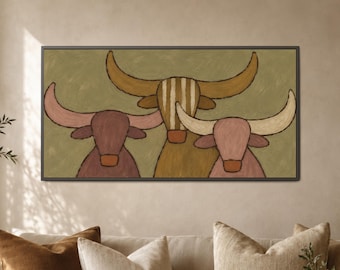 Western Wall Art Earthy Longhorn Trio Ochre Terracotta Olive Folk Style Rustic Ranch Living Room