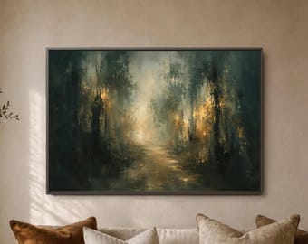 Gilded Forest Passage, Hazy Green Tree Path, Glowing Woodland Corridor, Elegant Atmospheric Landscape Above Couch