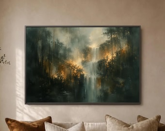 Emerald Waterfall Forest Art, Golden Mist Jungle Landscape, Deep Green Nature Print, Tranquil Spa Style Wall Accent Above Mantel Scene