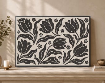 Black Tulip Floral Design, Minimal Botanical Decor, Neutral Flower Pattern, Modern Mantel Poster, Simple Living Room Artwork