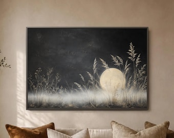Full Moon Grass Wall Art, Charcoal Night Meadow Print, Foggy Field Canvas, Tall Reed Botanical Decor, Serene Bedroom Home Wall Artwork