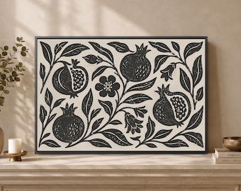 Black Pomegranate Wall Art, Monochrome Fruit Print, Botanical Branch Poster, Cream Kitchen Decor, Bold Garden Leaf Design Statement