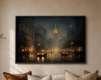 Moody New York City Wall Art, Rainy Night Street Print, Empire State Building Poster, Dark Urban Canvas Print, Cozy Living Room Decor