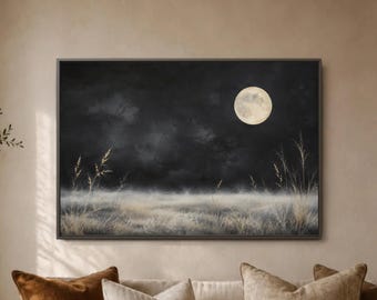 Full Moon Night Landscape Print, Dark Moody Nature Canvas Decor, Minimalist Moon Painting for Bedroom and Meditation