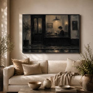 Rainy Cafe Window Wall Art Print, Woman Reading Book Poster, Warm Lamp Street Scene, Moody Coffee Shop Scene, Home Library Room Decor image 2