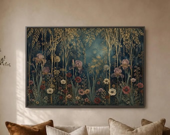 Moody Floral Wall Art, Dark Teal Garden Print, Iris Wildflower Meadow, Gold Willow Leaves, Large Framed Botanical Decor, Living Room
