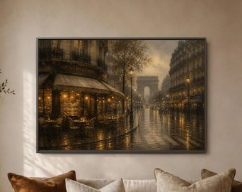 Paris Rain Cafe Wall Art, French Bistro Street Print, Arc De Triomphe Poster, Golden Evening City Decor, Romantic Urban Scene View