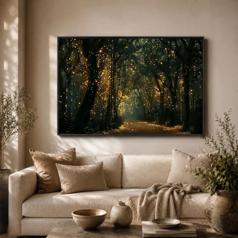 Above Sofa Bed Forest Wall Art, Enchanted Woodland Canvas, Glowing Fairy Lights Print, Dark Moody Living Room Bedroom Decor, Magical Nature zdjęcie 2
