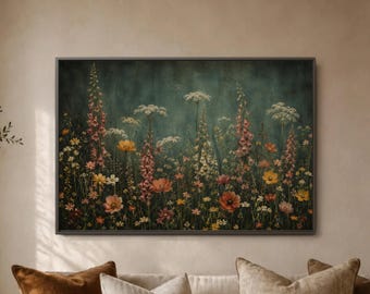 Moody Wildflower Field, Dark Botanical Decor, Tall Garden Bloom Poster, Cottage Meadow Print, Dramatic Living Room Artwork
