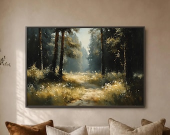 Sunlit Forest Path Wall Art Print, Dark Woodland Trail Poster, Golden Grass Landscape Decor, Peaceful Cabin Room Gift, Nature Scene