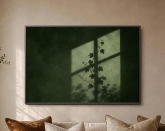 Dark Green Window Shadow Wall Art, Ivy Vine Silhouette Print, Moody Botanical Decor, Modern Minimalist Living Room Framed Canvas Artwork