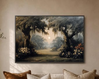 Misty Savannah Pathway, Liveoak Twilight Woods, Romantic Lowcountry Evening View, Foggy Grove Estate Foyer Statement Piece Keepsake