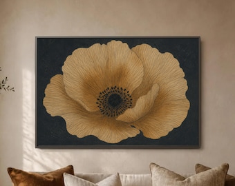 Ochre Poppy Flower Wall Art, Golden Botanical Line Print, Black Background Floral Decor, Large Bloom Poster, Bedroom Canvas Display