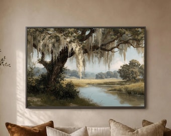 Spanish Moss Oak Tree Print, Lowcountry Marsh River Scene, Southern Landscape Decor, Soft Neutral Nature View, Cottage Gallery Piece