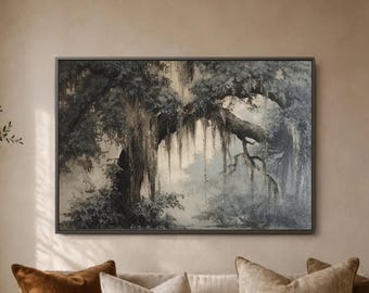 Moss Draped Oak Wall Art, Misty Southern Forest Canvas Print, Gray Woodland Poster, Atmospheric Bayou Decor, Serene Grove Room Accent