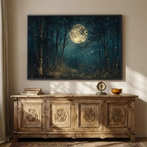 Art mural forêt au clair de lune, toile forêt luciole, impression nuit lunaire, affiche arbre sarcelle foncé, déco cabane enchantée, lueur mystique image 3