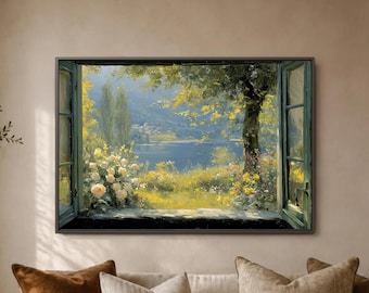 Lakeside Window View Wall Art Print, Sunlit Garden Scene Decor, Peaceful Lake Poster, Cottage Landscape Artwork For Home