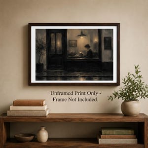 Rainy Cafe Window Wall Art Print, Woman Reading Book Poster, Warm Lamp Street Scene, Moody Coffee Shop Scene, Home Library Room Decor image 9