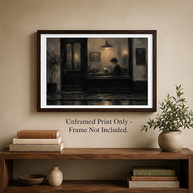 Rainy Cafe Window Wall Art Print, Woman Reading Book Poster, Warm Lamp Street Scene, Moody Coffee Shop Scene, Home Library Room Decor image 9