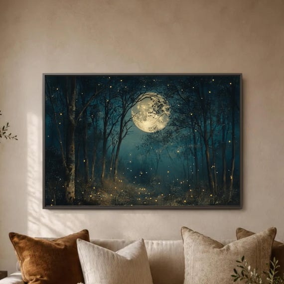 Moonlit Forest Wall Art, Firefly Woodland Canvas, Lunar Night Print, Dark Teal Tree Poster, Enchanted Cabin Decor, Mystic Glow