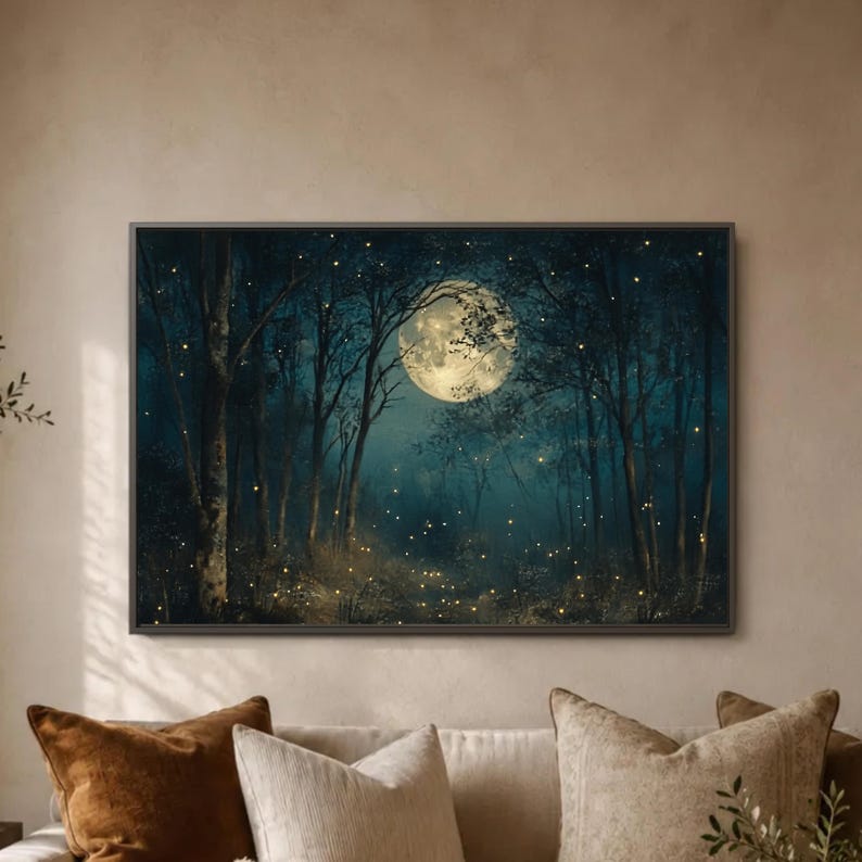 Art mural forêt au clair de lune, toile forêt luciole, impression nuit lunaire, affiche arbre sarcelle foncé, déco cabane enchantée, lueur mystique image 1
