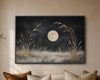 Full Moon Grass Wall Art, Dark Meadow Landscape Print, Beige Night Poster, Moody Field Decor, Minimal Nature Scene Above Couch Panel