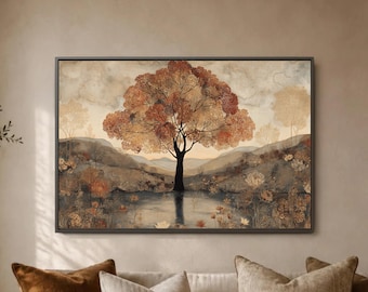 Autumn Tree Wall Art, Neutral Landscape Canvas Print, Botanical Lake Poster, Earth Tone Nature Decor, Serene Hills Room Accent Scene