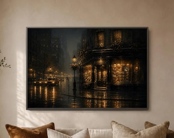 Rainy City Bookshop Print, Moody Night Street Scene, Golden Window Glow Decor, Urban Library Artwork, Literary Home Gift, Cozy Reading Nook