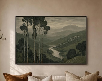 Green Mountain River Wall Art, Misty Valley Print, Tall Eucalyptus Tree Landscape, Framed Nature Decor, Living Room Canvas Poster Display