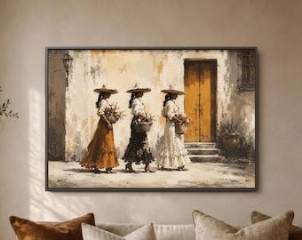 Spanish Courtyard Wall Art, Women Flower Basket Print, Mustard Door Poster, Rustic Neutral Travel Decor, Elegant Street Scene Panel