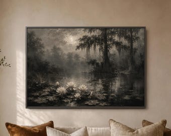 Moody Black White Bayou Moon Print, Cypress Swamp Wall Decor, Spanish Moss Trees, Water Lily Pond, Southern Gothic Canvas, Over Sofa