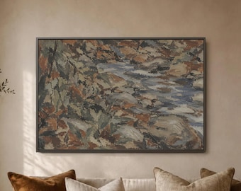 Rugged Stream Canvas, Earth Tone Riverbed Stones, Abstract Canyon Water Texture, Rustic Lodge Interior Accent