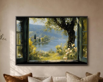 Lake View Window Wall Art Print, Sunlit Waterside Landscape Decor, Cottage Floral Poster, Peaceful Nature Interior Artwork