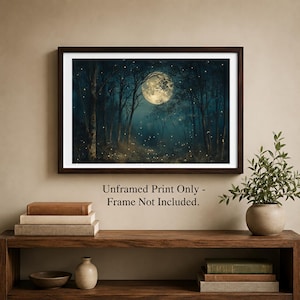 Art mural forêt au clair de lune, toile forêt luciole, impression nuit lunaire, affiche arbre sarcelle foncé, déco cabane enchantée, lueur mystique image 9