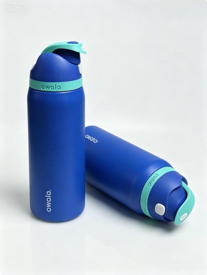 May include: Two blue Owala water bottles with teal accents. One bottle is upright, the other is lying down. The bottles have a flip-top lid with a handle and the brand name printed on the side. The bottles are designed for hydration.