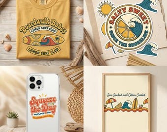Retro Summer Lemon Surf Clipart Bundle | Boardwalk Beach Citrus Designs (Digital Download)