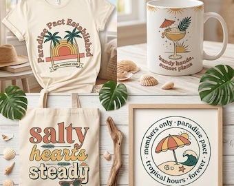 Retro Summer Beach Designs Bundle, Salty Hearts Tropical Sunset Graphics (Digital Download)