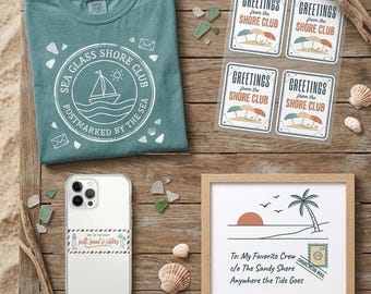 Sea Glass Shore Club PNG SVG Bundle, Coastal Postcard Beach Designs (Digital Download)