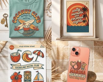 Retro Beach PNG Bundle, Surf Tiki Sublimation Designs, Summer Clipart (Digital Download)
