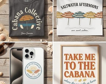 Coastal Cabana PNG SVG Bundle, Retro Beach Designs (Digital Download)