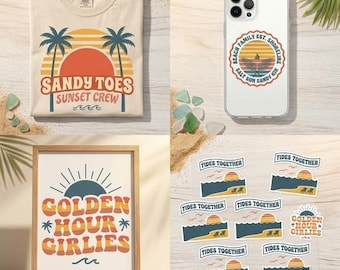 Retro Beach Vacation PNG SVG Bundle, Sandy Toes Sunset Crew, Coastal Trip Designs (Digital Download)