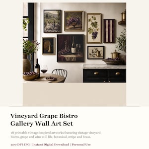 May include: A gallery wall art set featuring eighteen printable images with themes of vineyards, bistro scenes, grape clusters, wine bottles, botanical illustrations, and striped patterns, all framed in various sizes and displayed on a wall.