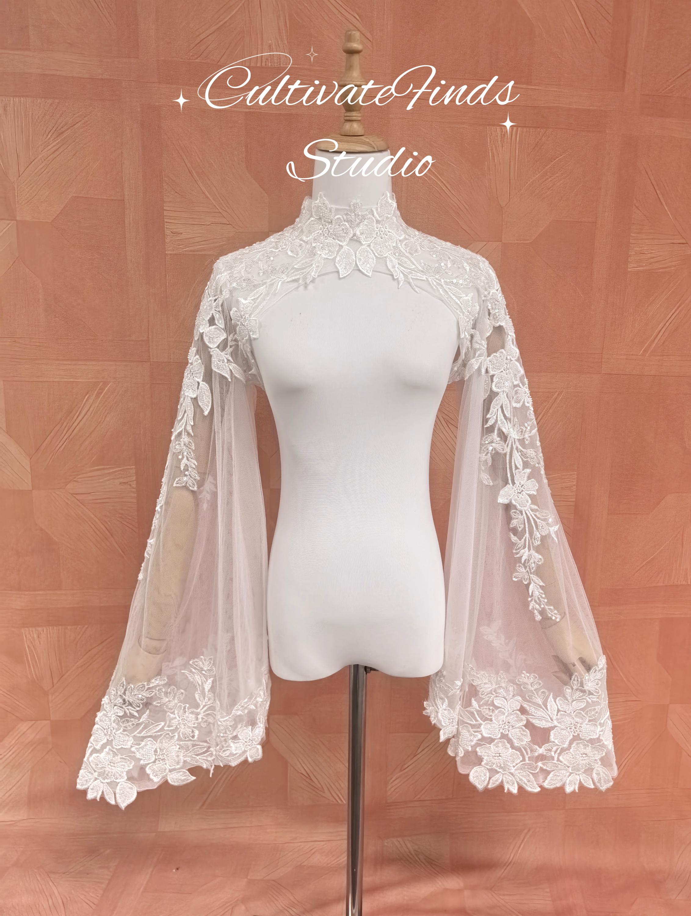 Luxury Sequined Floral Lace Sleeve, Beaded Flower Bridal Long Sleeves With Jewel Neck, Button Sleeves,Matching With Strapless Dress