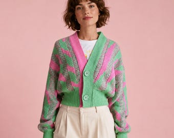 Pink Green Knitted Cardigan, Cropped Button Sweater