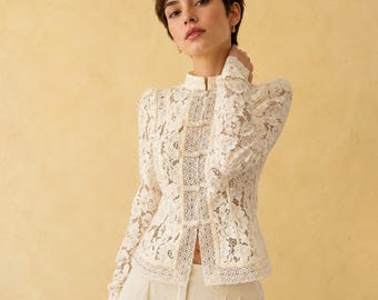 Floral Lace Mandarin Collar Shirt, Frog Button Puff Sleeve Blouse Top