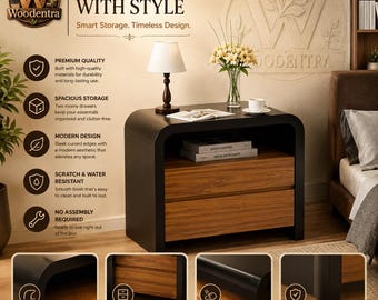Black Modern Nightstand with Storage | Walnut Bedside Table